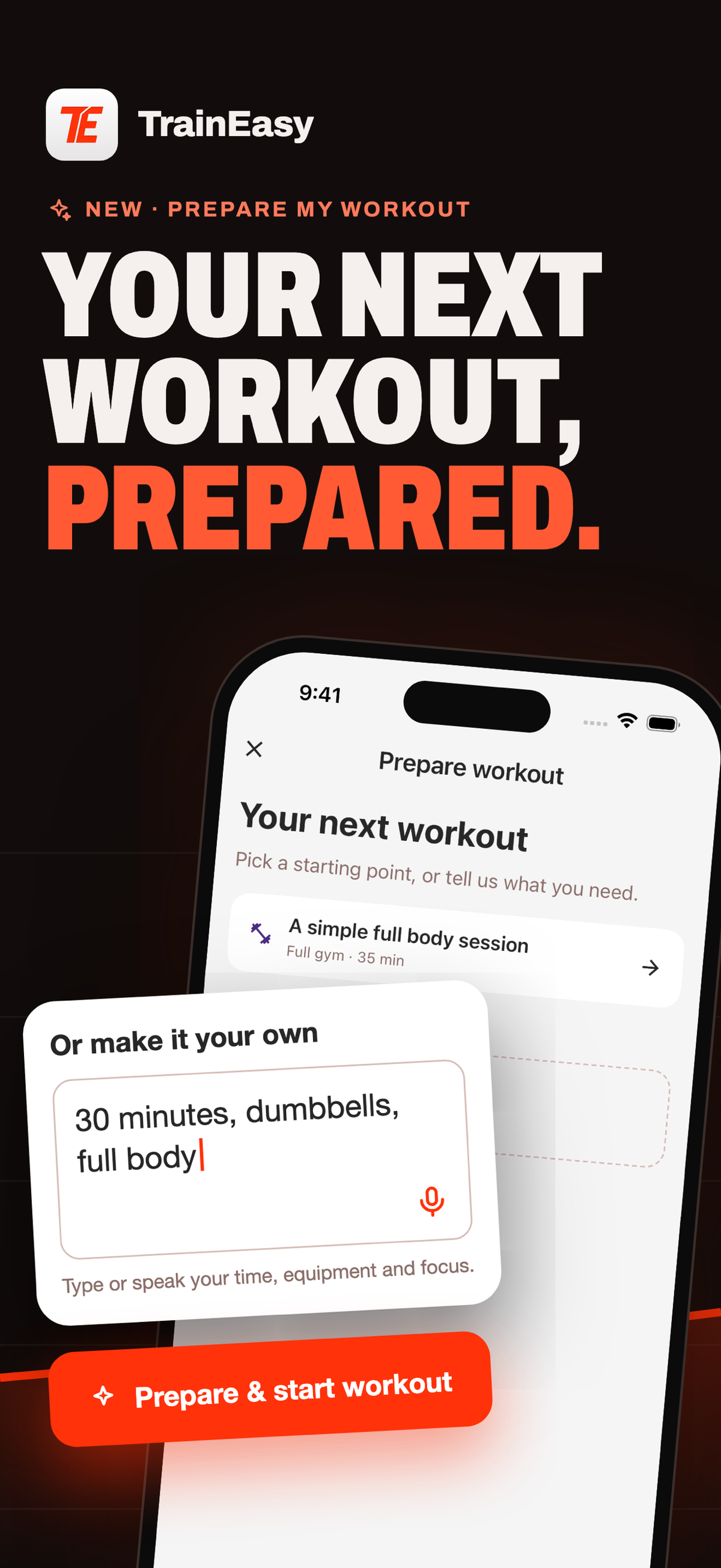 Prepare my workout: pick a suggested session or type what you need